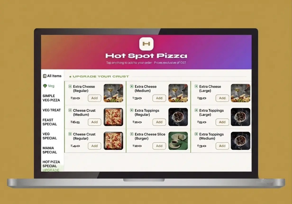 Actual Zipla POS customer menu screen used for QR ordering