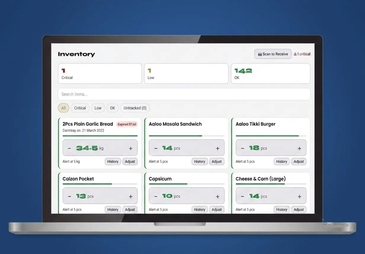 Zipla POS inventory screen for bakery stock visibility