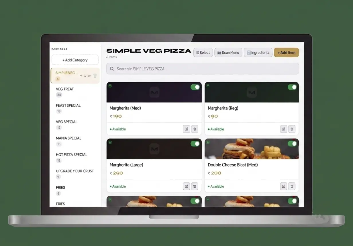 Zipla POS menu management screen for a bakery billing workflow