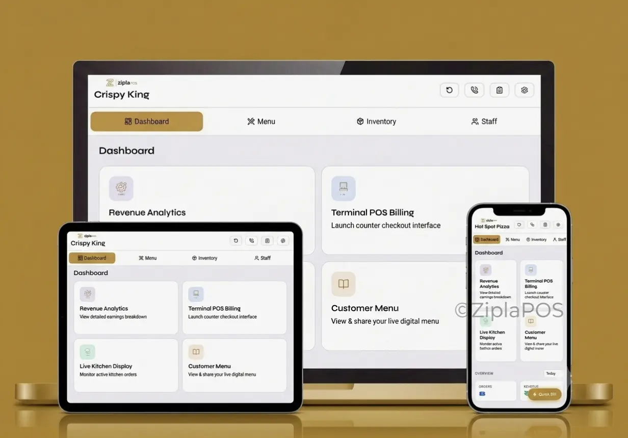 Zipla POS shown on desktop, tablet, and Android phone for café operations