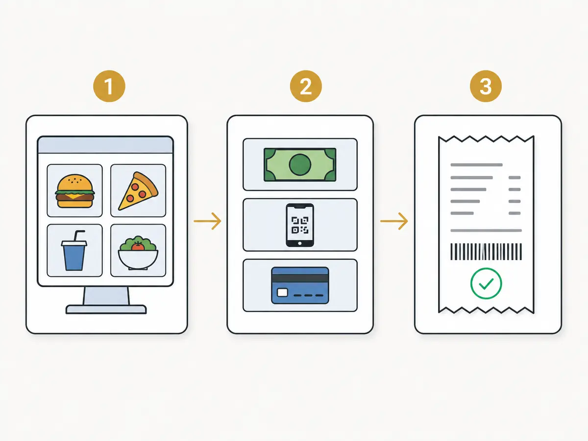 Illustrative counter POS billing workflow from menu selection to payment and customer bill
