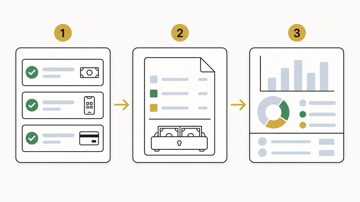 Illustrative day-close workflow from completed orders to payment review and business reporting