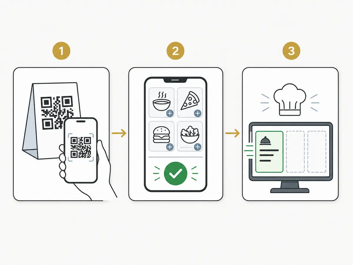 Illustrative QR ordering workflow from a table or home order to menu selection and kitchen handoff